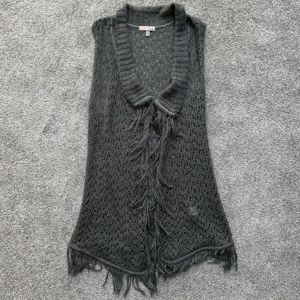 T.O. Gray Top Knit Tassels Fringe Cardigan Cover Up Boho Vacation Resortwear VTG